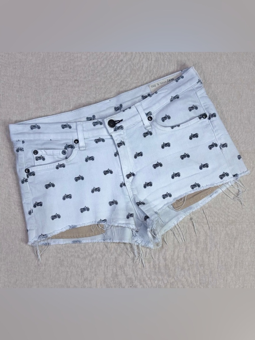 Rag & Bone Jean Moto Print Cutoff Shorts White Low Rise Festival 28